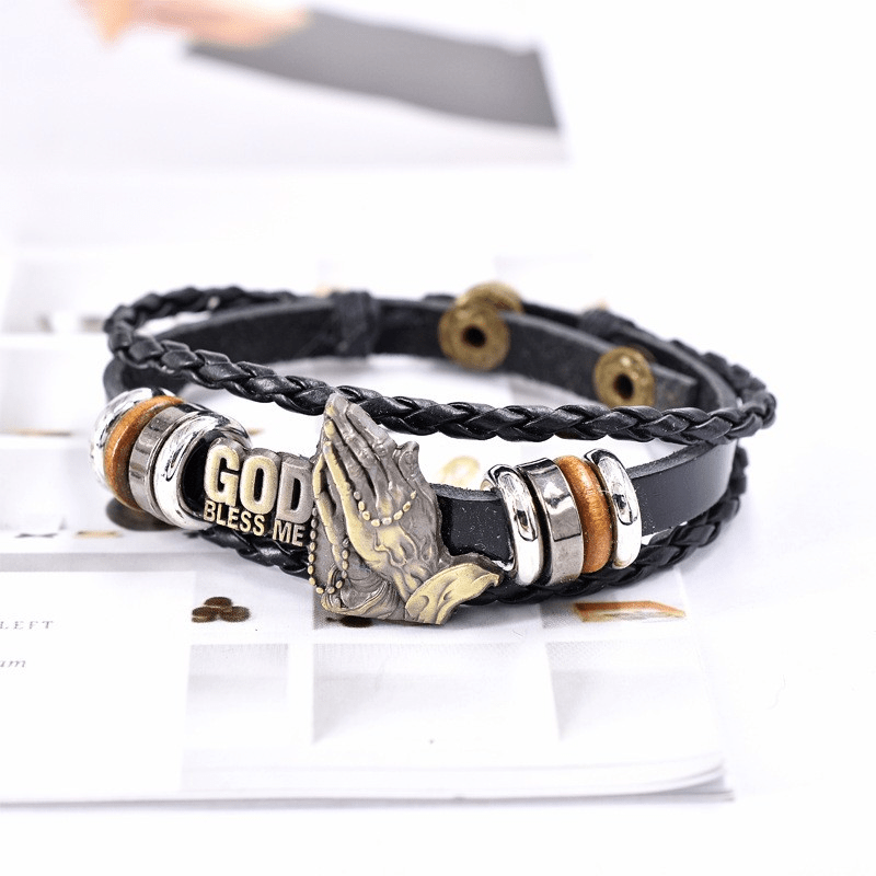 Bracelet Christianartworkshop rétro style mains jointes en prière, motif tressé noir « Que Dieu me bénisse ». - image 6