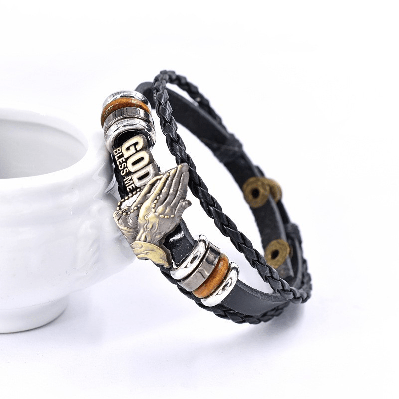 Bracelet Christianartworkshop rétro style mains jointes en prière, motif tressé noir « Que Dieu me bénisse ». - image 7