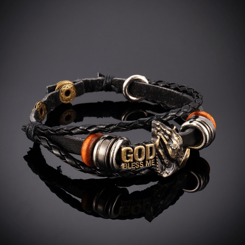 Bracelet Christianartworkshop rétro style mains jointes en prière, motif tressé noir « Que Dieu me bénisse ». - image 2