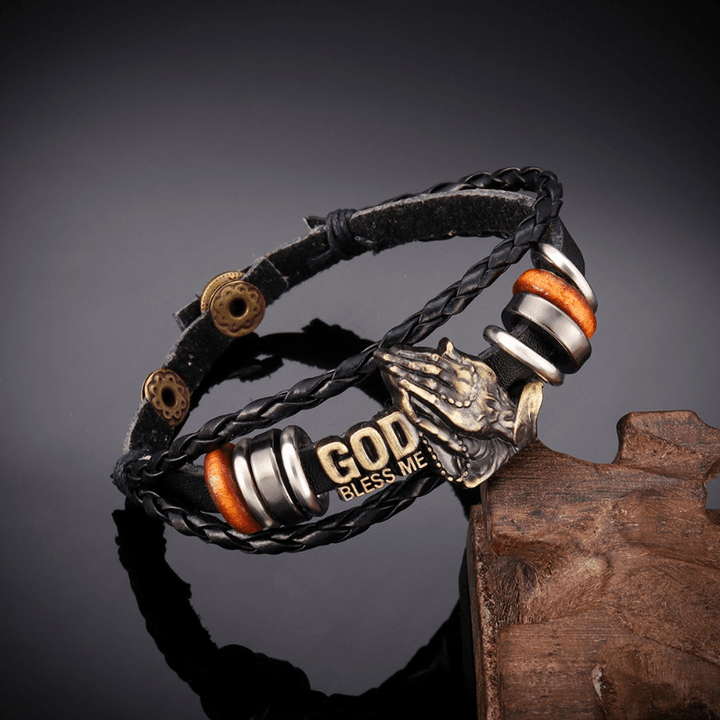 Bracelet Christianartworkshop rétro style mains jointes en prière, motif tressé noir « Que Dieu me bénisse ». - image 3