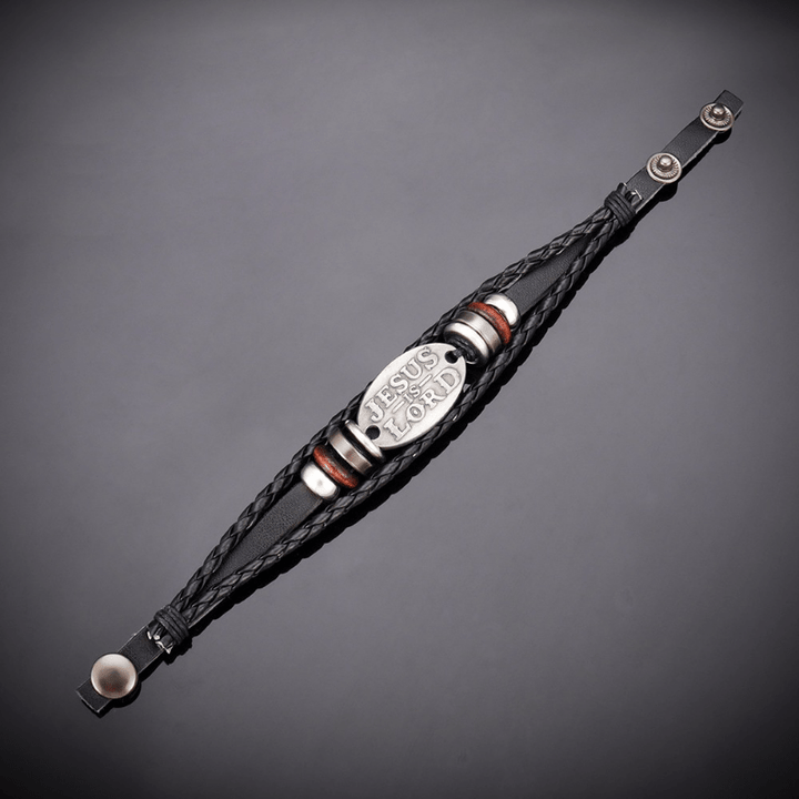 Bracelet en cuir tressé noir Christianartworkshop avec inscription « JÉSUS EST SEIGNEUR » - image 3
