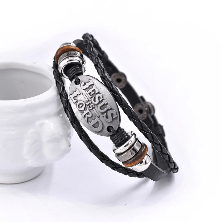 Bracelet en cuir tressé noir Christianartworkshop avec inscription « JÉSUS EST SEIGNEUR » - image 5