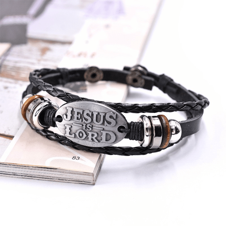 Bracelet en cuir tressé noir Christianartworkshop avec inscription « JÉSUS EST SEIGNEUR » - image 6