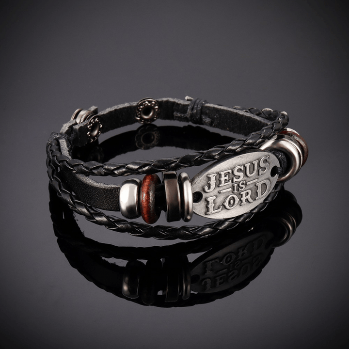 Bracelet en cuir tressé noir Christianartworkshop avec inscription « JÉSUS EST SEIGNEUR » - image 4