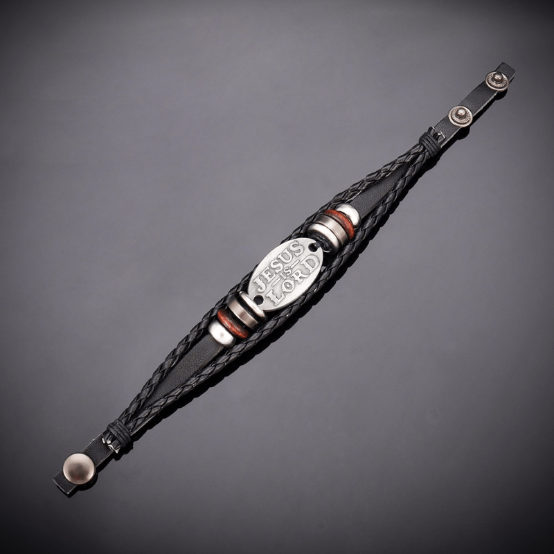 Bracelet en cuir tressé noir Christianartworkshop avec inscription « JÉSUS EST SEIGNEUR » - image 3