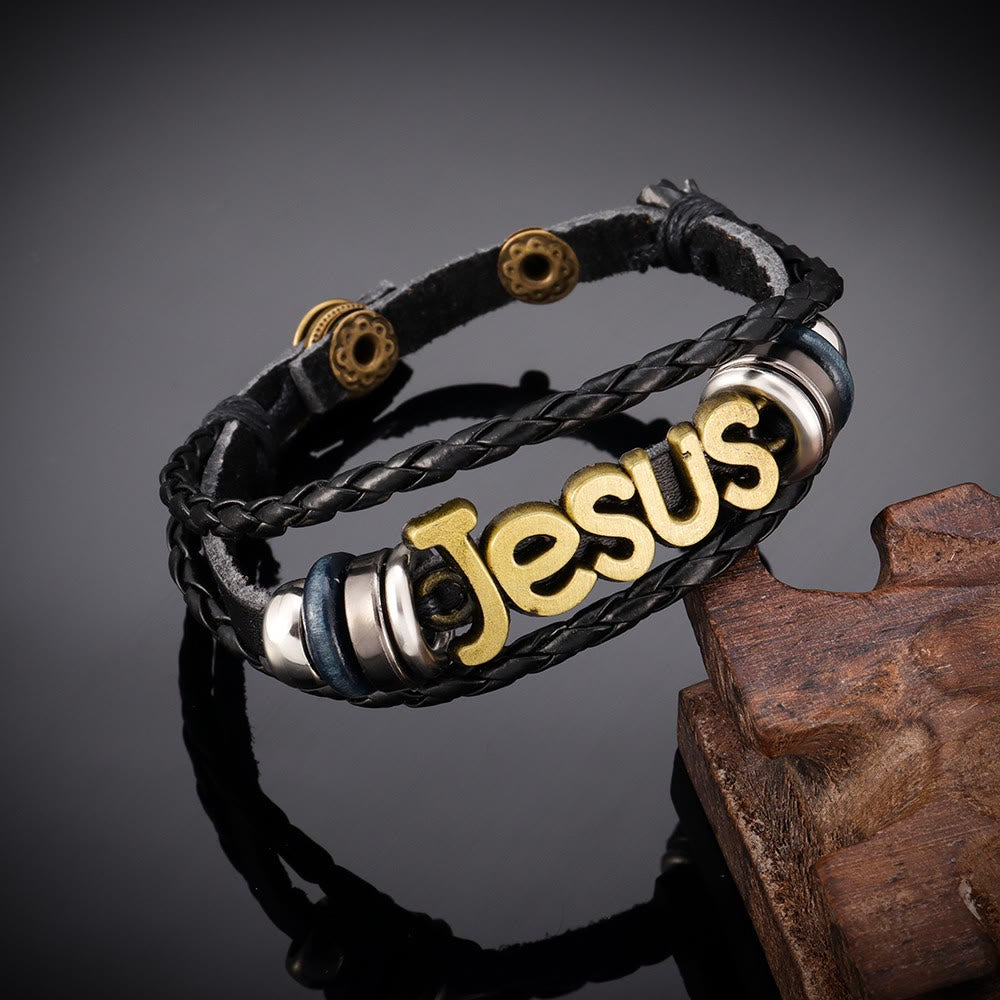 Bracelet à breloque Jésus bicolore Christianartworkshop en cuir tressé noir - Bronze - image 0