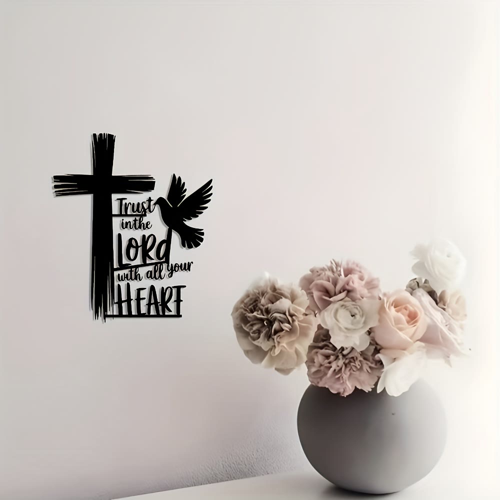 Christianartworkshop Croix et colombe en métal noir, décoration murale avec citation biblique « Confiance en Dieu ». - image 3