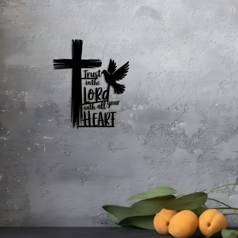 Christianartworkshop Croix et colombe en métal noir, décoration murale avec citation biblique « Confiance en Dieu ». - image 5