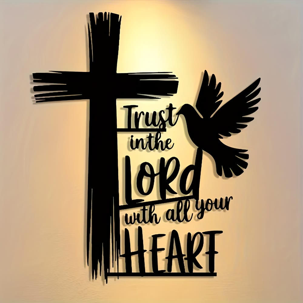 Christianartworkshop Croix et colombe en métal noir, décoration murale avec citation biblique « Confiance en Dieu ». - image 1