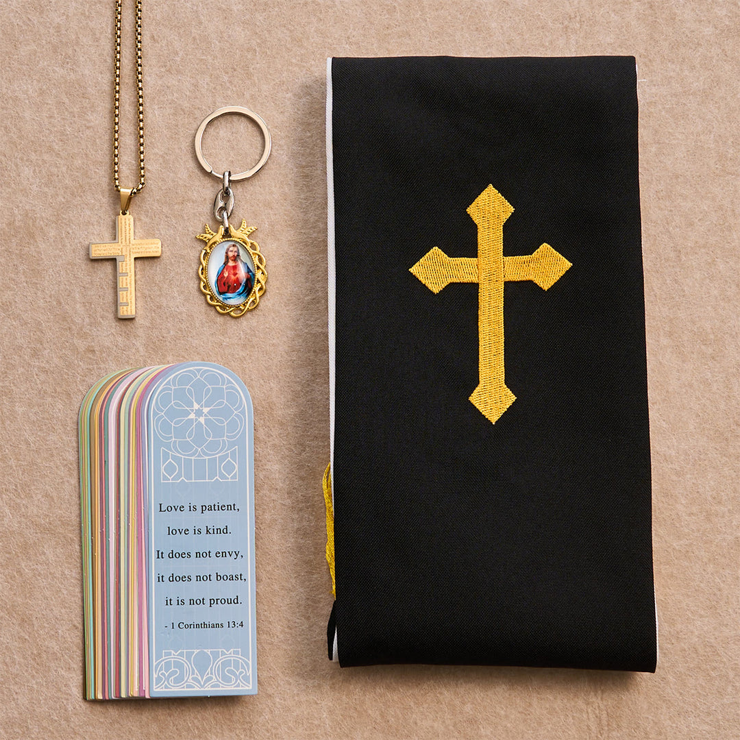 Christianartworkshop Ensemble de bénédiction Croix Noire et Dorée avec Vierge Marie et croix biblique : Vivez dans la foi - Collier en or - image 3