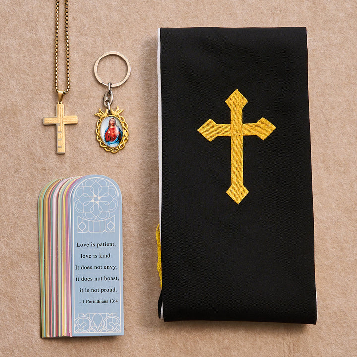 Christianartworkshop Ensemble de bénédiction Croix Noire et Dorée avec Vierge Marie et croix biblique : Vivez dans la foi - Collier en or - image 3
