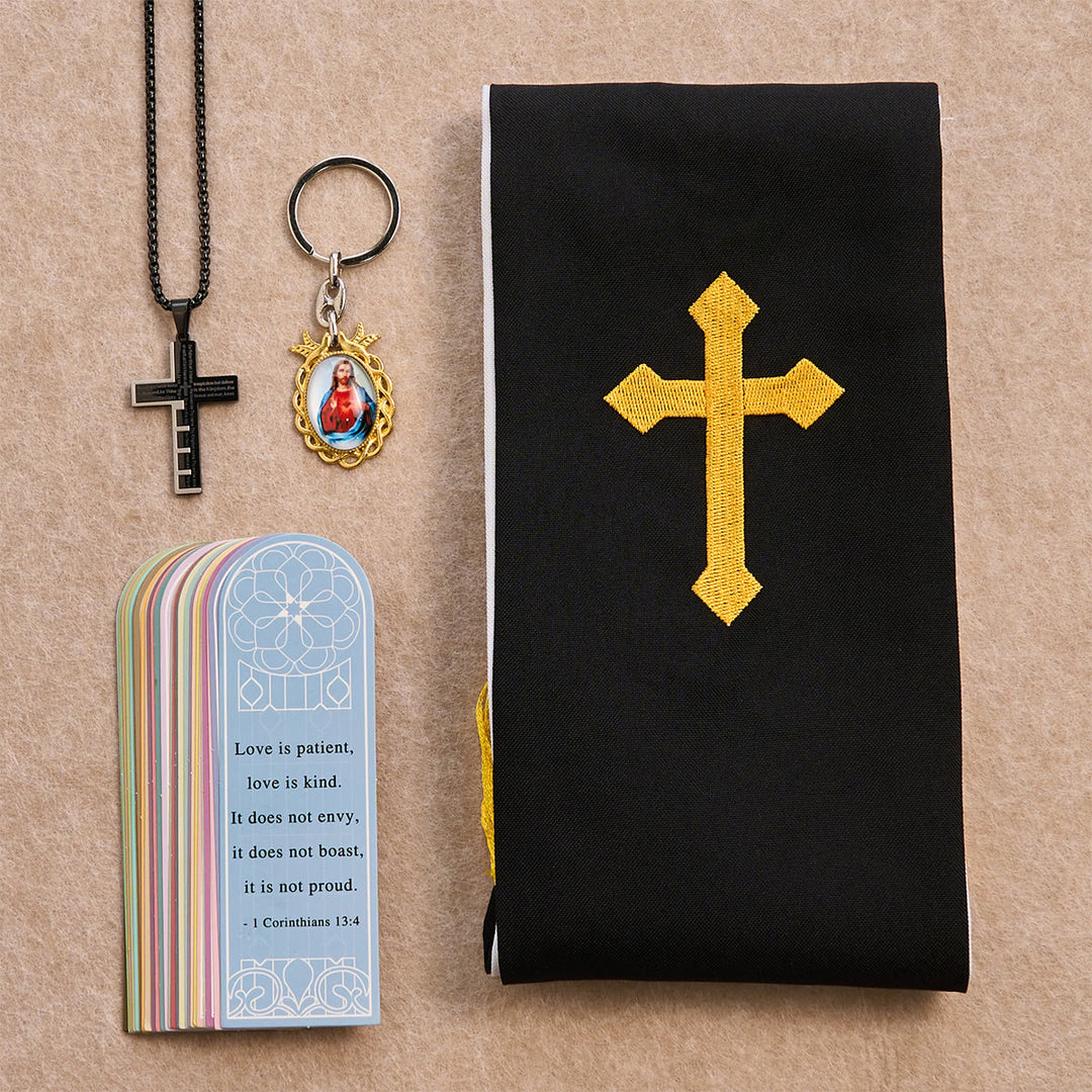 Christianartworkshop Ensemble de bénédiction Croix Noire et Dorée avec Vierge Marie et croix biblique : Vivez dans la foi - Collier noir - image 0