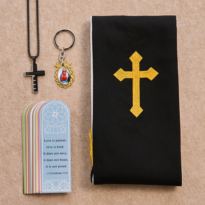 Christianartworkshop Ensemble de bénédiction Croix Noire et Dorée avec Vierge Marie et croix biblique : Vivez dans la foi - Collier noir - image 0