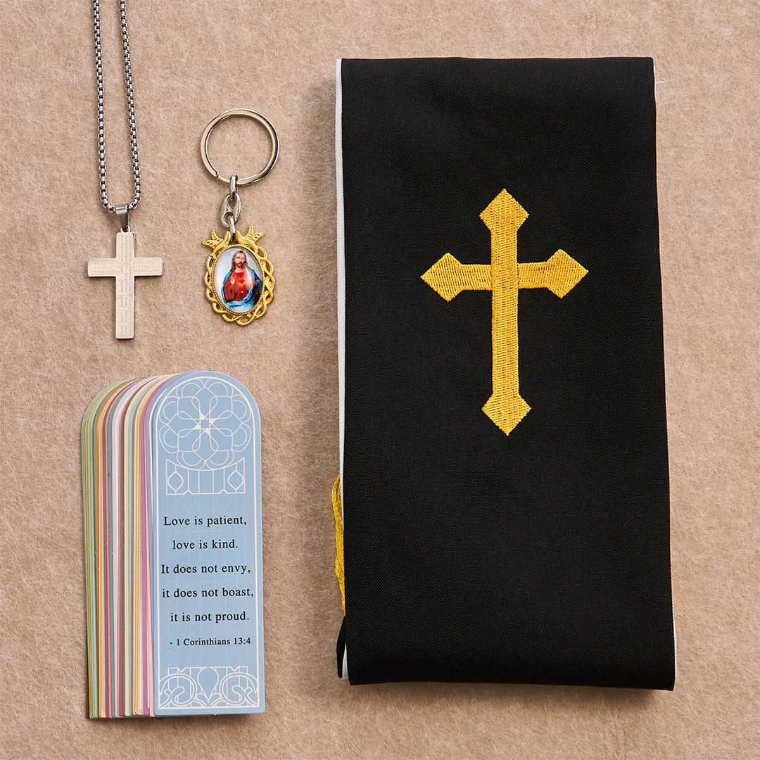 Christianartworkshop Ensemble de bénédiction Croix Noire et Dorée avec Vierge Marie et croix biblique : Vivez dans la foi - Collier en argent - image 4