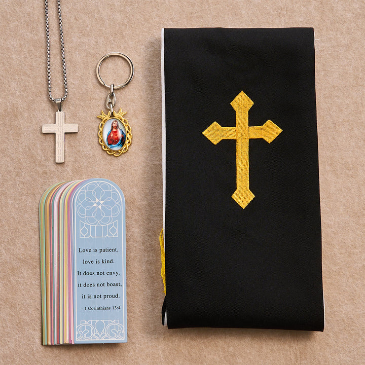 Christianartworkshop Ensemble de bénédiction Croix Noire et Dorée avec Vierge Marie et croix biblique : Vivez dans la foi - Collier en argent - image 4