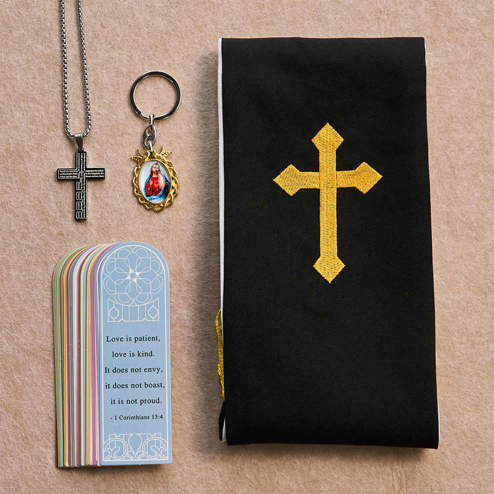 Christianartworkshop Ensemble de bénédiction Croix Noire et Dorée avec Vierge Marie et croix biblique : Vivez dans la foi - image 1