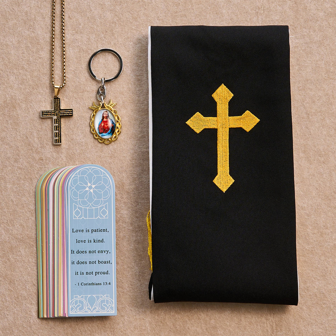 Christianartworkshop Ensemble de bénédiction Croix Noire et Dorée avec Vierge Marie et croix biblique : Vivez dans la foi - image 2