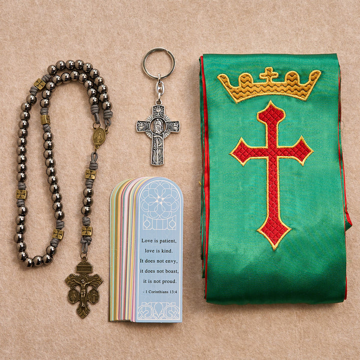 Christianartworkshop Ensemble de bénédiction de la Croix Royale en vert liturgique : Vivez vos journées avec foi - Médaille miraculeuse et chapelet crucifix - image 0