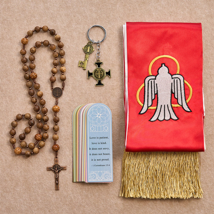 Christianartworkshop Ensemble de bénédiction avec étole rouge à la colombe du Saint-Esprit, chapelet en bois, porte-clés et marque-page - Médaille miraculeuse et chapelet crucifix - image 0