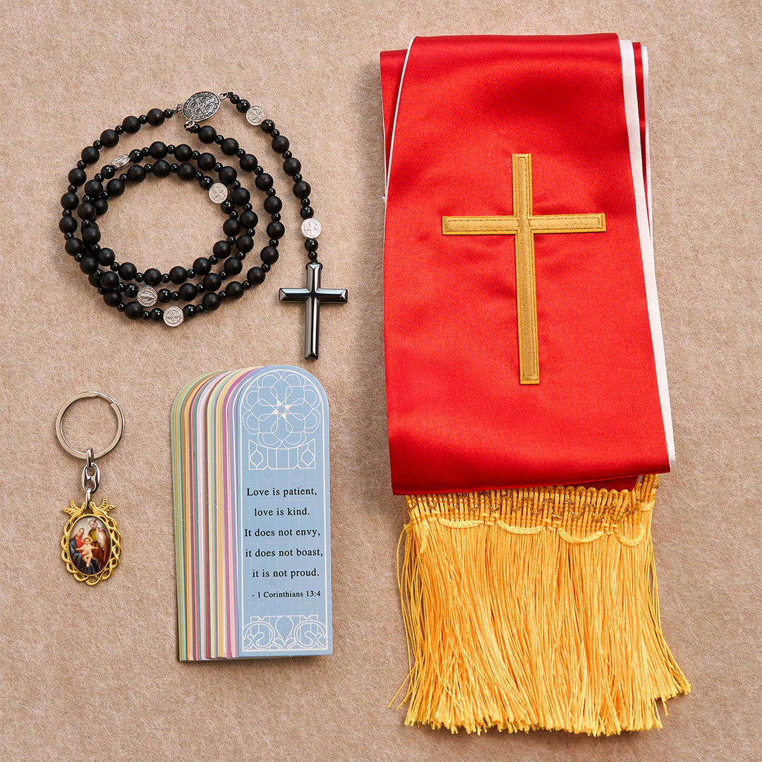 Christianartworkshop Ensemble de bénédiction Croix d'Or Rouge avec chapelet Vierge et calculs biliaires : Vivez dans l'amour - Chapelet en croix de calculs biliaires - image 0