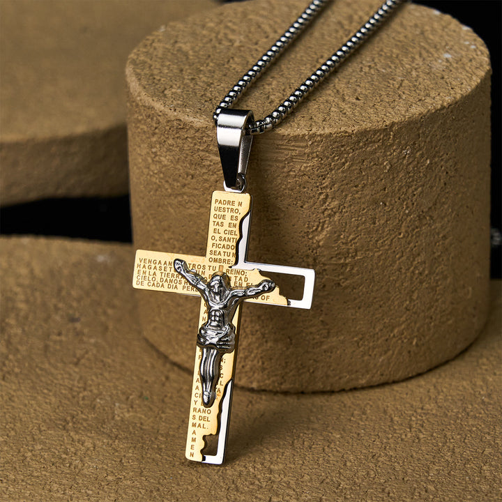 Christianartworkshop Collier avec inscription du Notre Père et crucifix : Garde mes pas - Or et argent - image 2