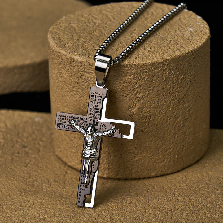 Christianartworkshop Collier avec inscription du Notre Père et crucifix : Garde mes pas - Noir - image 3