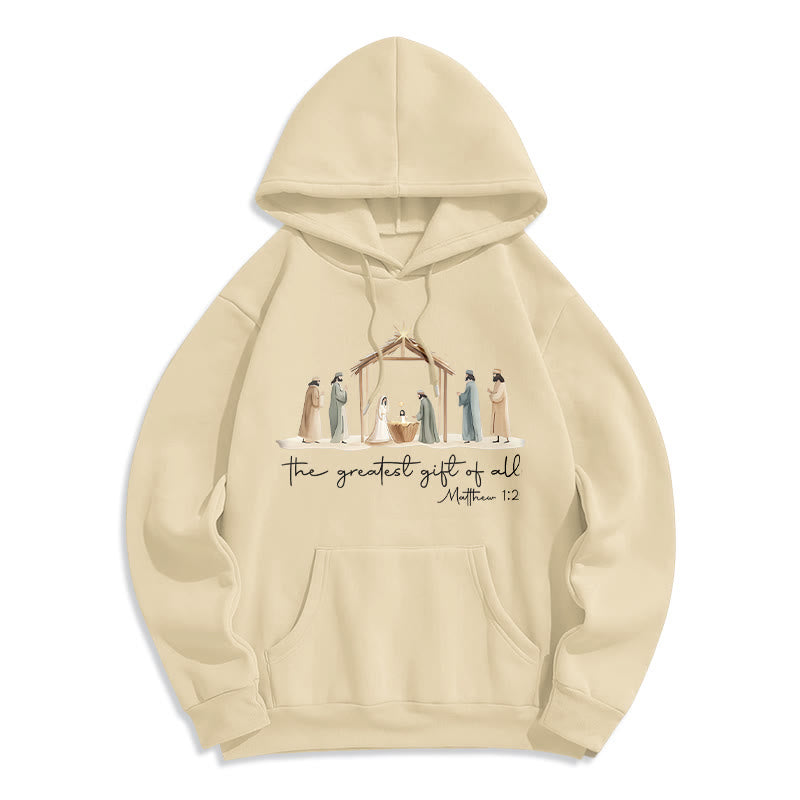 Sweat à capuche en polyester doublé polaire avec une scène de la Nativité chaleureuse et des versets bibliques, signé Christianartworkshop - Beige - 2XL - image 2