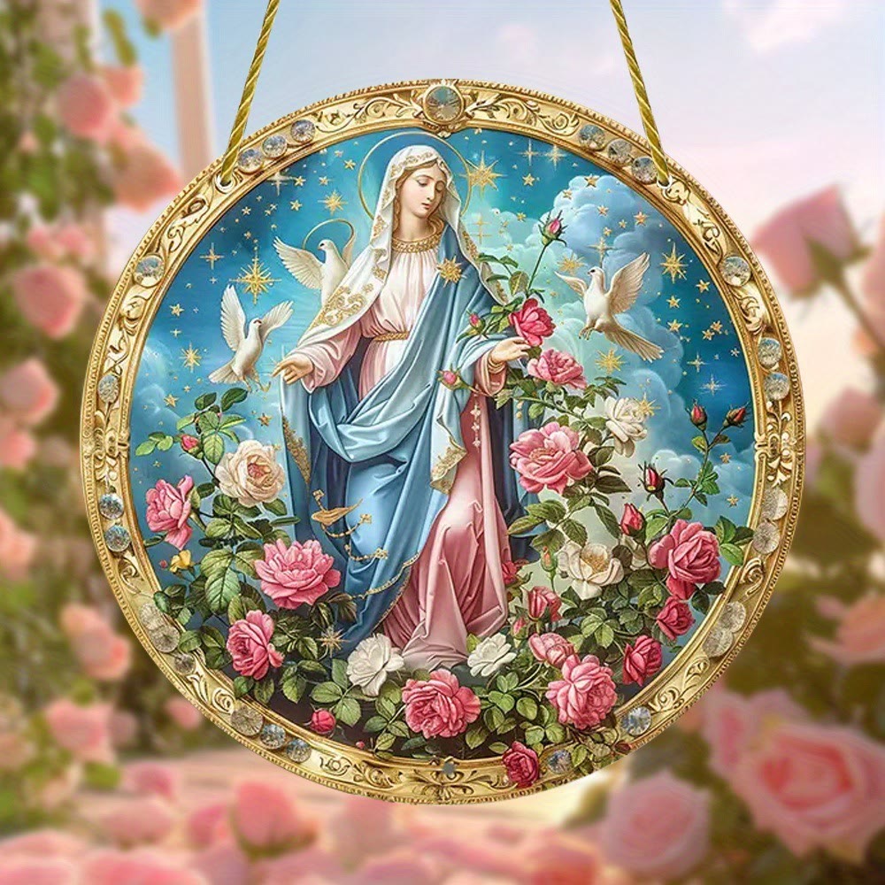 Christianartworkshop Ornements suspendus représentant une scène de jardin avec une rose mystique et la Vierge Marie - 7,87''/20 cm - image 0
