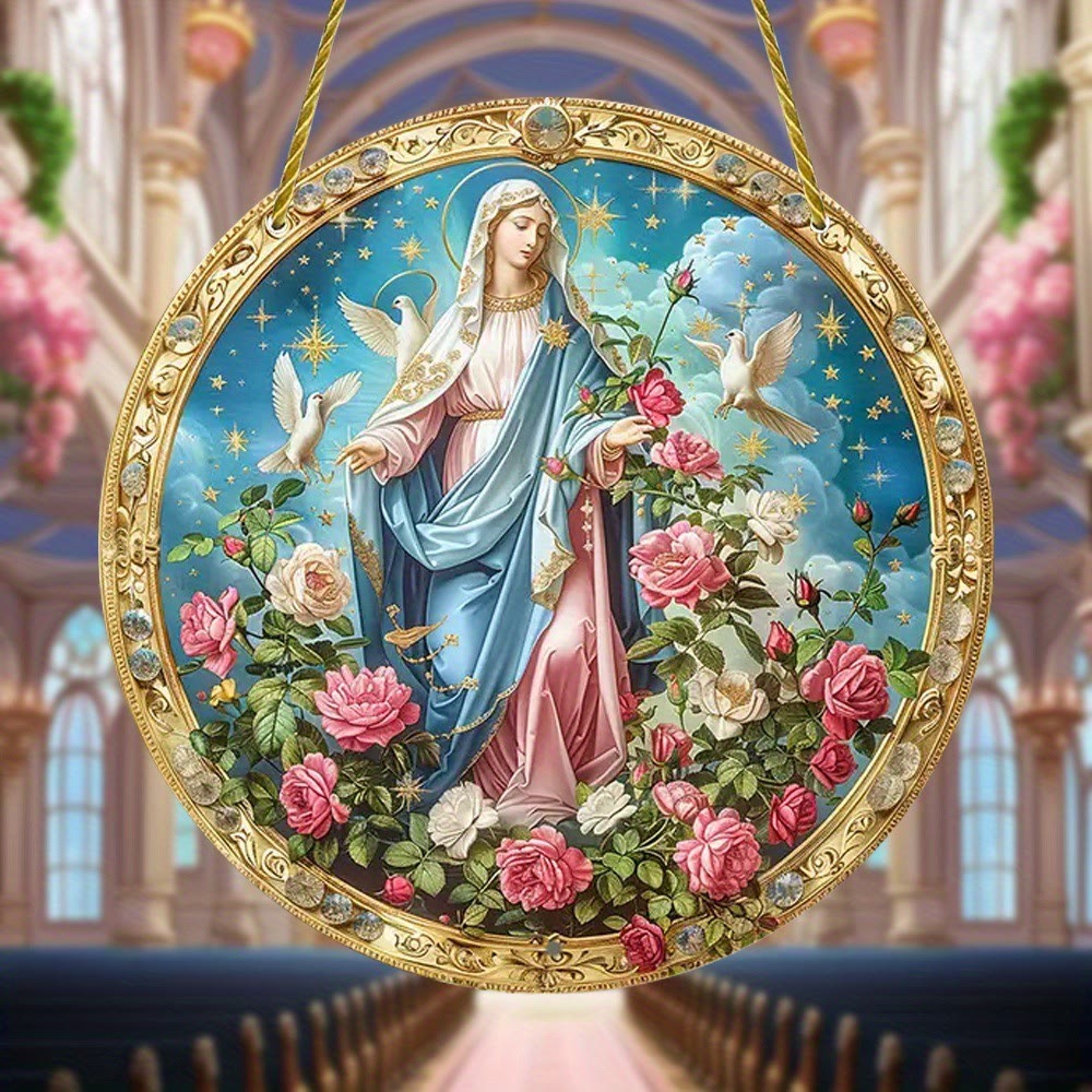 Christianartworkshop Ornements suspendus représentant une scène de jardin avec une rose mystique et la Vierge Marie - image 1