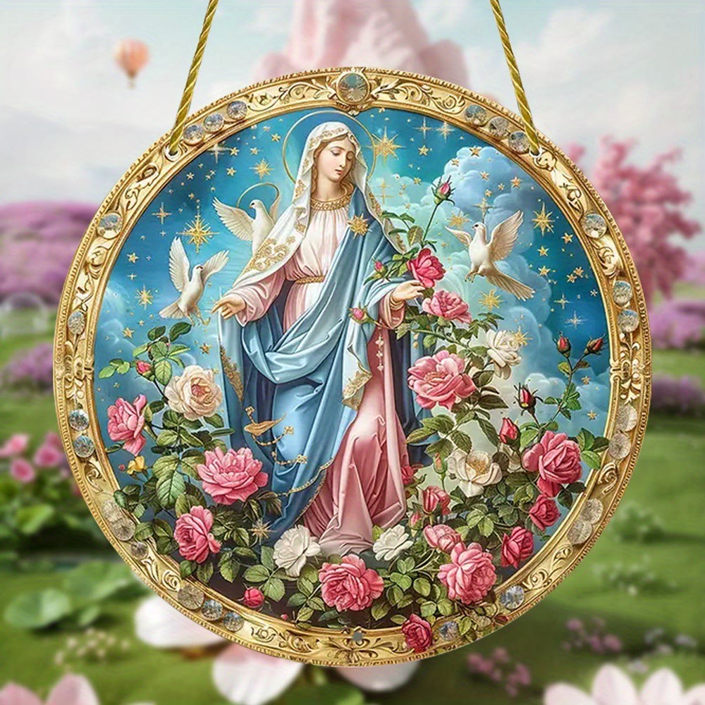 Christianartworkshop Ornements suspendus représentant une scène de jardin avec une rose mystique et la Vierge Marie - image 2