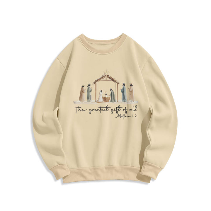 Sweat-shirt en polyester doublé polaire avec motif de crèche chaleureuse et verset biblique, signé Christianartworkshop - Beige - 2XL - image 2