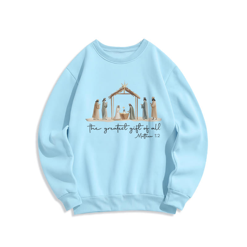 Sweat-shirt en polyester doublé polaire avec motif de crèche chaleureuse et verset biblique, signé Christianartworkshop - Bleu - 2XL - image 0