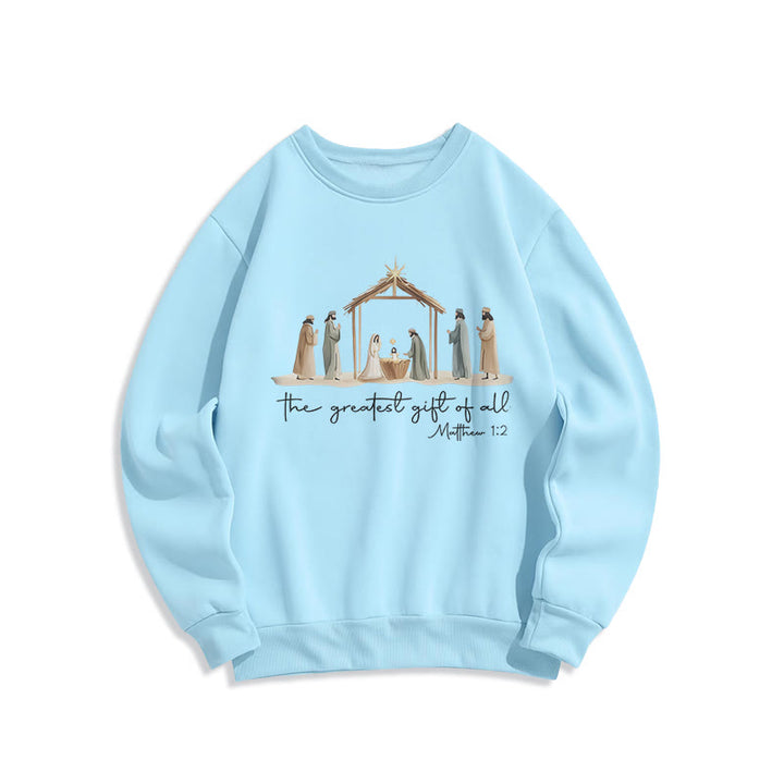 Sweat-shirt en polyester doublé polaire avec motif de crèche chaleureuse et verset biblique, signé Christianartworkshop - Bleu - 2XL - image 0
