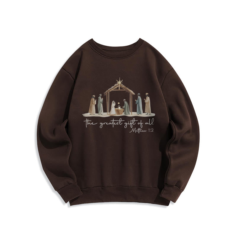 Sweat-shirt en polyester doublé polaire avec motif de crèche chaleureuse et verset biblique, signé Christianartworkshop - Brun - 2XL - image 3