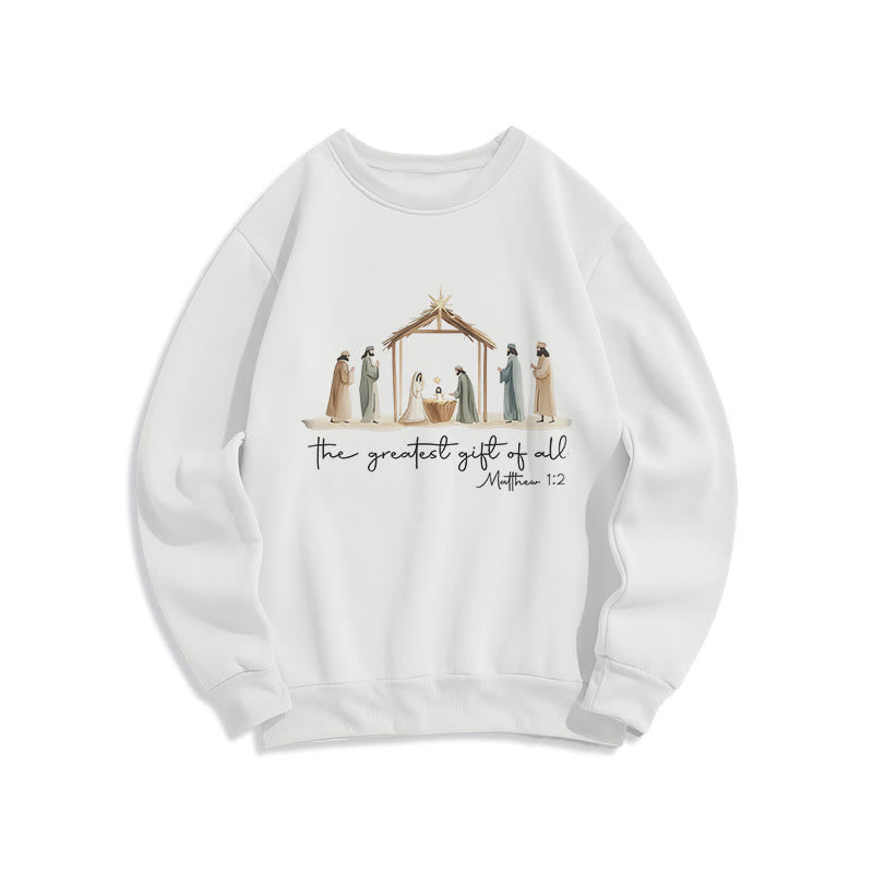 Sweat-shirt en polyester doublé polaire avec motif de crèche chaleureuse et verset biblique, signé Christianartworkshop - Blanc - 2XL - image 1