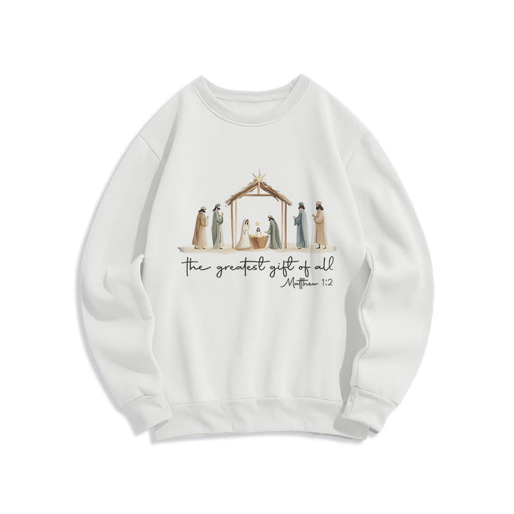 Sweat-shirt en polyester doublé polaire avec motif de crèche chaleureuse et verset biblique, signé Christianartworkshop - Blanc - 2XL - image 1