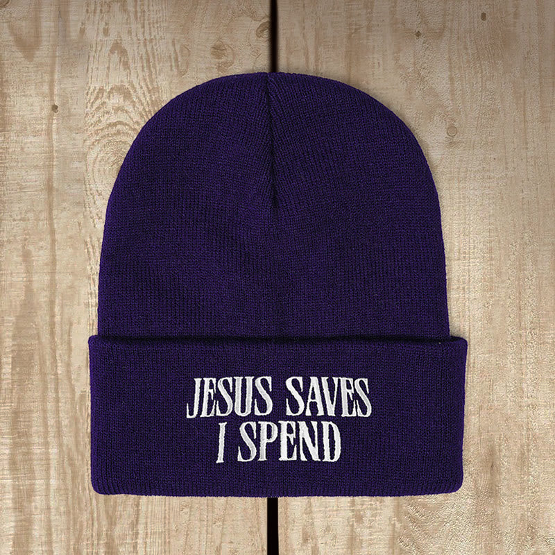 Christianartworkshop Bonnet tricoté humoristique « Jésus me sauve, je dépense » : Un humour fidèle pour les jours froids - Bleu marine - image 1