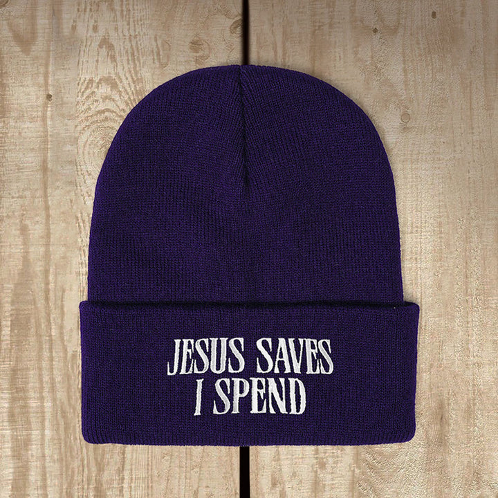 Christianartworkshop Bonnet tricoté humoristique « Jésus me sauve, je dépense » : Un humour fidèle pour les jours froids - Bleu marine - image 1