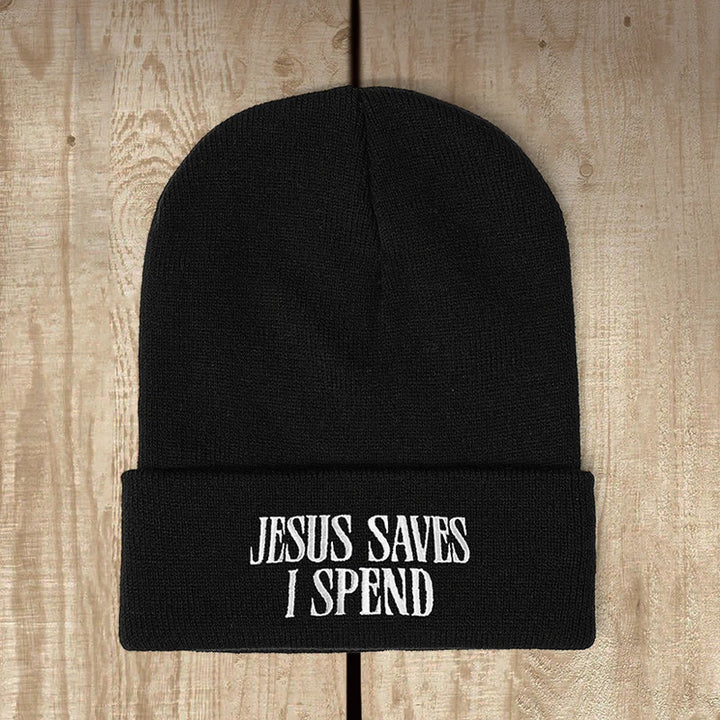 Christianartworkshop Bonnet tricoté humoristique « Jésus me sauve, je dépense » : Un humour fidèle pour les jours froids - Noir - image 2