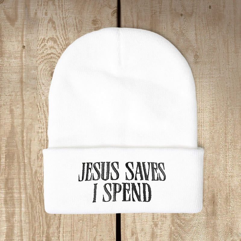 Christianartworkshop Bonnet tricoté humoristique « Jésus me sauve, je dépense » : Un humour fidèle pour les jours froids - Blanc - image 0