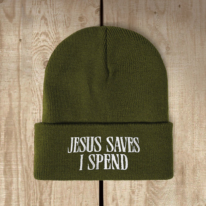Christianartworkshop Bonnet tricoté humoristique « Jésus me sauve, je dépense » : Un humour fidèle pour les jours froids - Vert armée - image 3