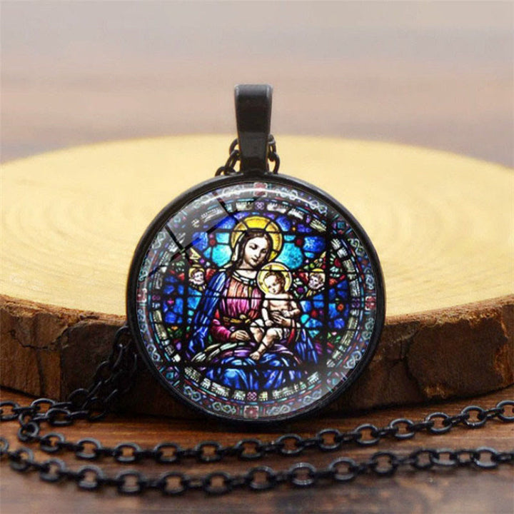 Christianartworkshop Choisissez votre collier « Foi radieuse » : Vierge à l'Enfant ou Roses de Guadalupe - Vierge à l'Enfant - Noir - image 0