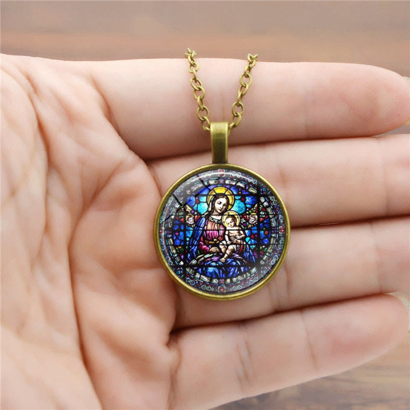 Christianartworkshop Choisissez votre collier « Foi radieuse » : Vierge à l'Enfant ou Roses de Guadalupe - Vierge à l'Enfant - Bronze antique - image 2