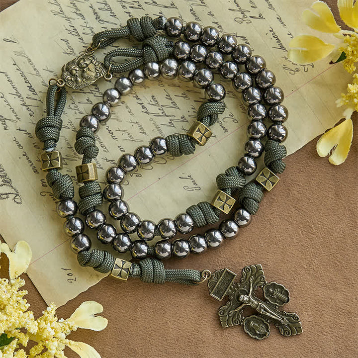 Christianartworkshop Chapelet personnalisé en paracorde de style militaire : perles argentées et laiton JÉSUS - Aucune lettre - image 12
