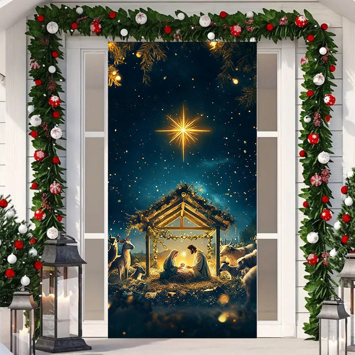 Christianartworkshop Rideau de porte Crèche Étoile de Bethléem : Foi de Noël et lueur céleste - 36''*80''/91cm*203cm - image 0