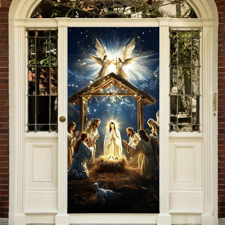 Christianartworkshop Rideau de porte lumineux « Nativité angélique » : Foi de Noël et présence céleste - 36''*80''/91cm*203cm - image 0