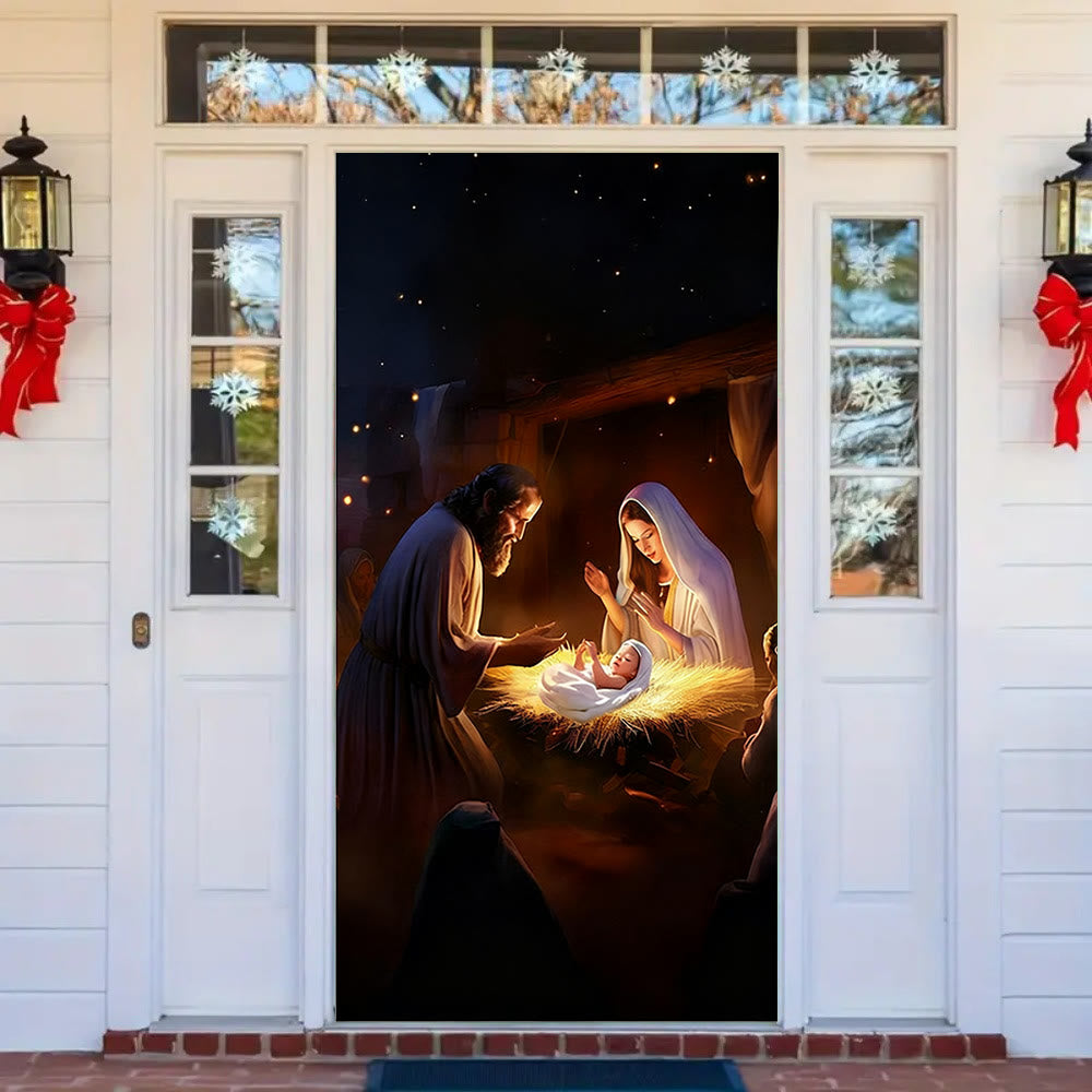 Christianartworkshop Rideau de porte de la Nativité à éclairage chaleureux : Éclat de foi et charme festif pour Noël - image 1
