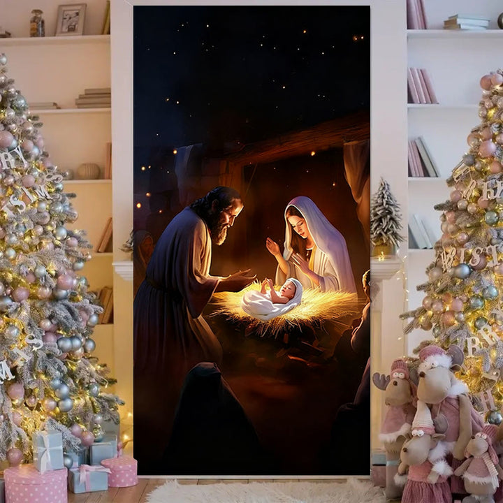 Christianartworkshop Rideau de porte de la Nativité à éclairage chaleureux : Éclat de foi et charme festif pour Noël - 36''*80''/91cm*203cm - image 0