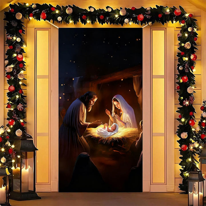 Christianartworkshop Rideau de porte de la Nativité à éclairage chaleureux : Éclat de foi et charme festif pour Noël - image 4