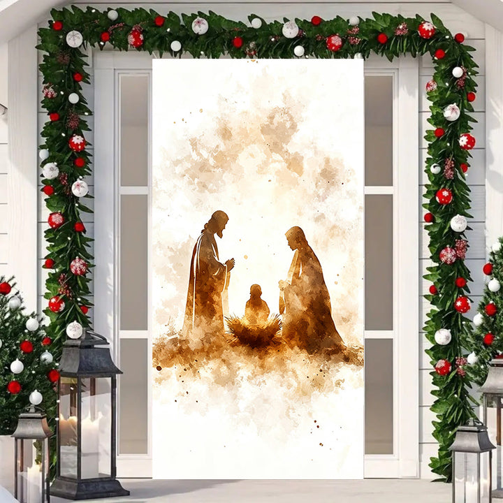 Christianartworkshop Rideau de porte avec silhouette de la Nativité à l'aquarelle : Noël, foi et sérénité - image 3